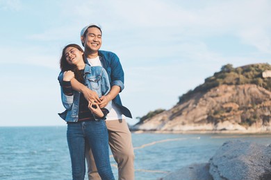 traveler happy couple lover on the mountain.