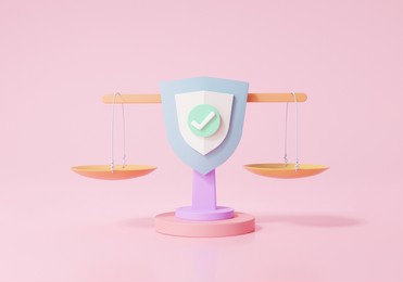 neutral concept. court loyal fair symbol on scales with balance not taking sides whom, cartoon minimal style on pink background. 3d render. illustration
