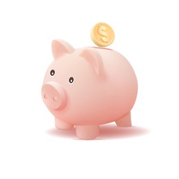 3d piggy bank with coin isolated on white background.