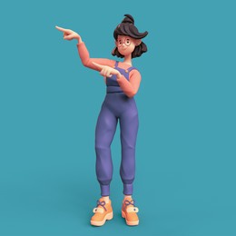 smiling positive funny casual brunette girl in glasses wearing blue apron, red t-shirt, orange sneakers showing you way pointing her finger to empty copy space for advertising. 3d render minimal style