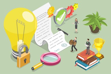 3d isometric flat conceptual illustration of copyright and intellectual property protection, patent law certificate