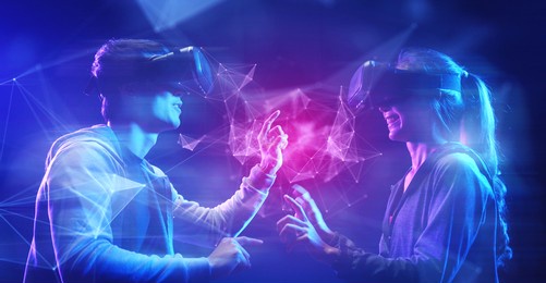 future digital technology cyber virtual game and entertainment, teenager having fun play game vr virtual reality goggle, sport game 3d cyber space futuristic neon colorful background, 