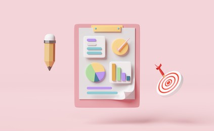 charts and graph with analysis business financial data,white clipboard checklist,target,darts,check isolated on pink background,online marketing,business strategy concept,3d illustration or 3d render