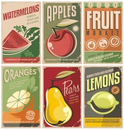 collection of retro fruit poster designs. vintage vector food signs set with promotional messages.