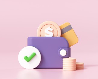 3d money saving icon concept. online payment, wallet, coins stack, and credit card on pink background, 3d rendering illustration