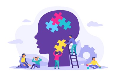 child head silhouette with colorful puzzles and tiny people, gear, leaves, clouds isolated on white background. world autism awareness day. health care concept. design for infographic, banner, card.