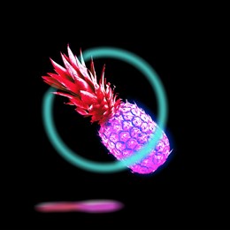 flying retro pineapple in neon with shadow. minimal abstract idea.