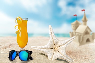 fresh cold cocktail on a tropical beach with bright sand. summer sea vacation