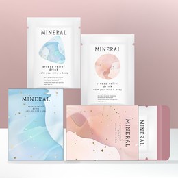 vector detox, stress relief or collagen powder drink powder packet with carton box packaging. watercolor abstract pattern.