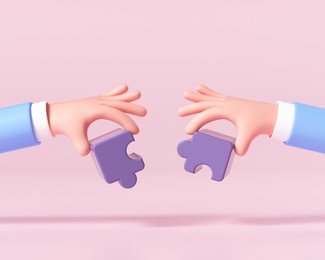 cartoon hands connecting jigsaw puzzle. symbol of teamwork, cooperation, partnership, problem-solving, business concept. 3d render illustration
