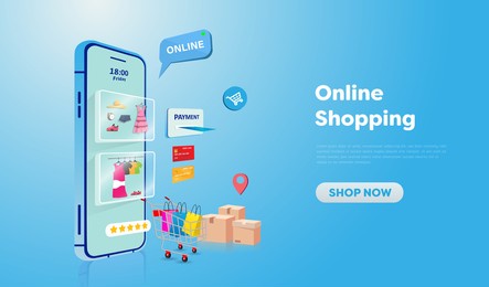 online shopping store on website and mobile phone design. smart business marketing concept. horizontal view. vector illustration