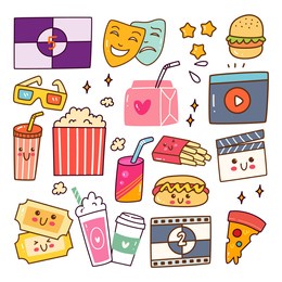 watching movie kawaii doodle set