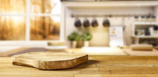 wooden pedestal on table in kitchen interior and free space for your decoration 