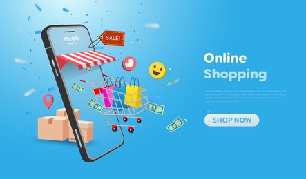 online shopping store on website and mobile phone design. smart business marketing concept. horizontal view. vector illustration
