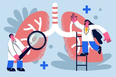 researching lungs in medicine concept. young woman and man doctors medical workers investigating huge lungs together with ladder and magnifier vector illustration 