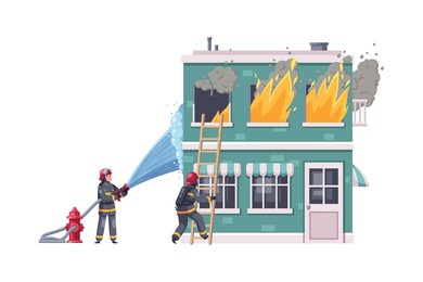 cartoon composition with firefighters putting out fire in two storeyed building vector illustration
