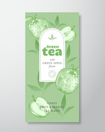fruit and berries tea label template. abstract vector packaging design layout with realistic shadows. hand drawn apple with half and leaves decor silhouettes background. isolated.