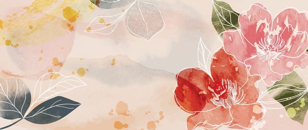 flower watercolor art background vector. wallpaper design with floral paint brush line art. leaves and flowers nature design for cover, wall art, invitation, fabric, poster, canvas print.