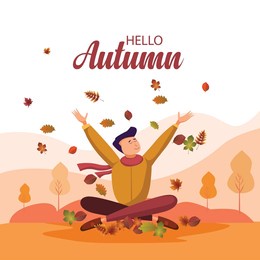 young boy  with autumn leaves. hello autumn illustration.he throws up autumn leaves