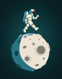 abstract vector illustration of аstronaut (cosmonaut) in white space suit walking on moon like planet with craters. isolated on dark blue green background