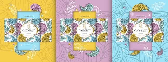 colorful set of chocolate bar packaging design in abstract style. vector luxury template with ornament elements. can be used for background and wallpaper. great for food and drink package types.