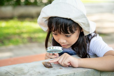 happy kid girl exploring nature with a magnifying glass and a snail. he having fun in the garden. the concept of the kid is ready to go to school.