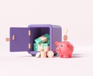 open vault or safe box with coin stacks, bunch of money and piggy bank, money-saving, and stored money concept. 3d render illustration