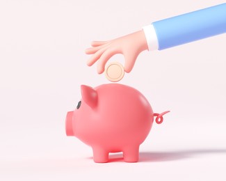 cartoon hand putting coin to piggy bank. 3d render illustration