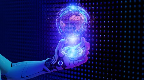 digital marketing future smart world technology futuristic 3d robot hand on digital world cyber background. modern big data business digital marketing strategy internet and online based technology