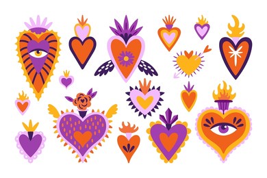 cute set of mexican sacred hearts for day of the dead dia de los muertos holiday. childish print for cards, stickers, patches and apparel