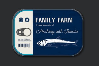 canned anchovy label template, vector fish tin can with label cover, packaging design concept