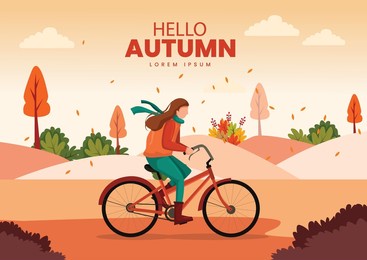 cute girl ride with cycle. hello autumn vector illustration with beautiful nature background.