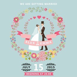 retro wedding invitation with floral wreath. cute cartoon couple groom and bride in retro style with vignettes,ribbons.vector design template
