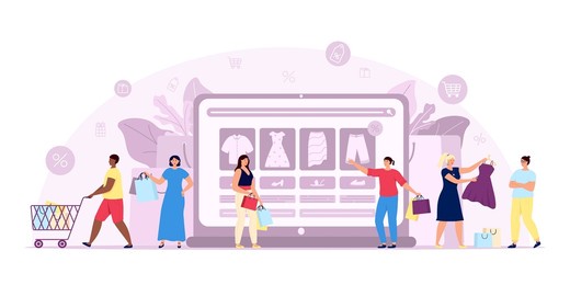 online shopping concept. marketing, happy consumer. flat e-commerce, people with purchase bags order and buy in fashion store utter vector scene