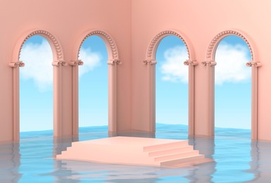 abstract futuristic background with a podium in beautiful blue water in the form of a staircase. a peach pedestal in a room with antique arches and columns with a view of the cloudy sky. 3d render.