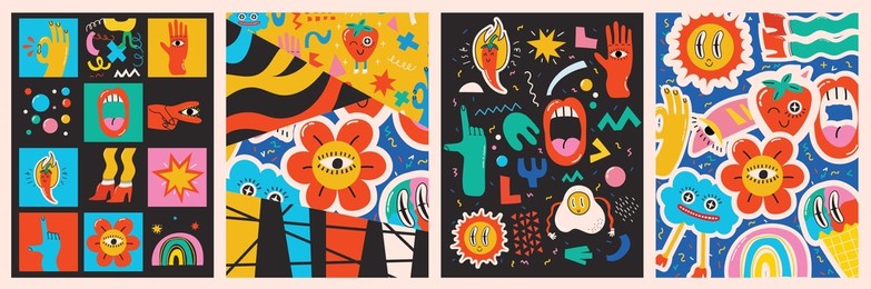 big set of different colored vector illustartions in cartoon flat design. hand drawn abstract shapes, funny cute