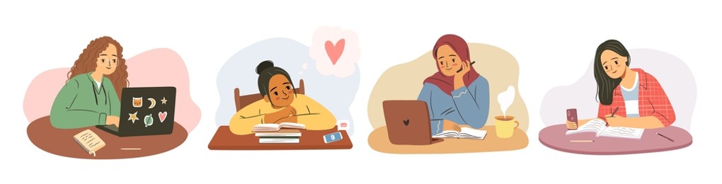 student girl set. collection of young women with laptop studying, writing in notebook, dreaming, browsing internet. freelancer woman in casual clothes works from home. hand drawn flat vector
