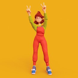 cute kawaii smiling positive casual brunette girl in glasses wearing red apron, green t-shirt raises her hands up shows fingers peace sign, victory symbol. minimal style. 3d render on yellow backdrop.