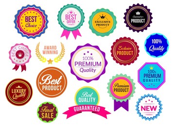 sales and promotional batches colorful premium quality best choice exclusive labels set flat vector