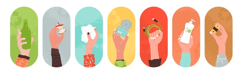 waste sorting bundle with different types of garbage. hands holding rubbish like bottle, stub, paper, tin, wire, battery. metal, glass, e waste, plastic, organic separate utilization vector concept.