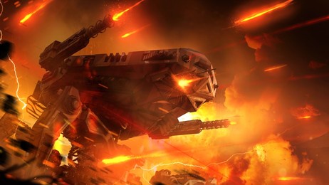 a huge mechanical robot in the style of sci-fi shoots from all the guns of machine guns and lasers against the background of explosions and fire of a crazy battle of the future, 3d rendering