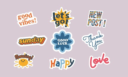 very large collection of colorful stickers covering diverse subjects with text, colored vector illustration
set of flat design social network stickers. isolated vector illustrations. social media post