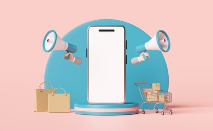 mobile phone,smartphone with blue stage podium,cart,goods cardboard box,shopping paper bag,megaphone,hand speaker isolated on pink.online shopping summer sale,concept 3d illustration,3d render