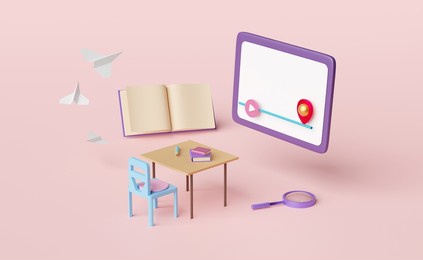 purple laptop or tablet computer with play bar,paper plane,student desk,chair,magnifying isolated on pink background.room online innovative education,e-learning concept,3d illustration or 3d render