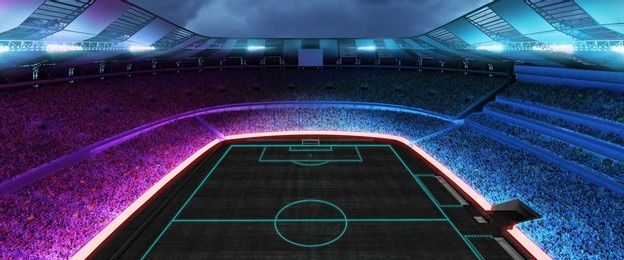 night sport arena. image of empty stadium and neoned colorful flashlights background. concept of sport, competition, winning, action and motion. no sportsmen area for championships, your ad, design