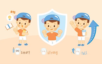 illustration vector cartoon of cute boy drink fresh milk. holding milk in glass.feeling smart, strong, tall.