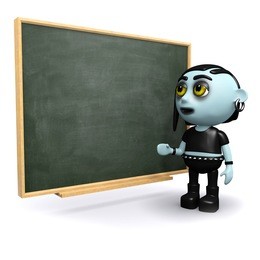 3d render of a punk goth at a blackboard