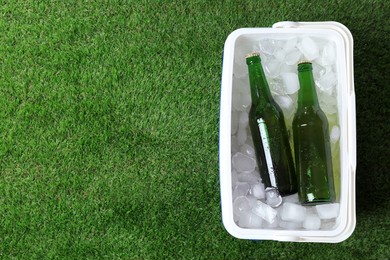 plastic cool box with bottles of beer and ice cubes on green grass outdoors, top view. space for text
