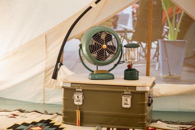 vintage style electric fan for camping.