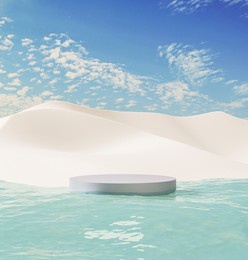 3d rendering podium on blue ocean and white sand dune with clear sky background. sunscreen cream and moisturizer cream product concept.